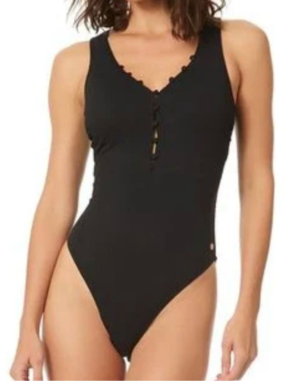 CeCe Women's V-Neck Textured Covered Button One-Piece Swimsuit Black Size 12 NWT